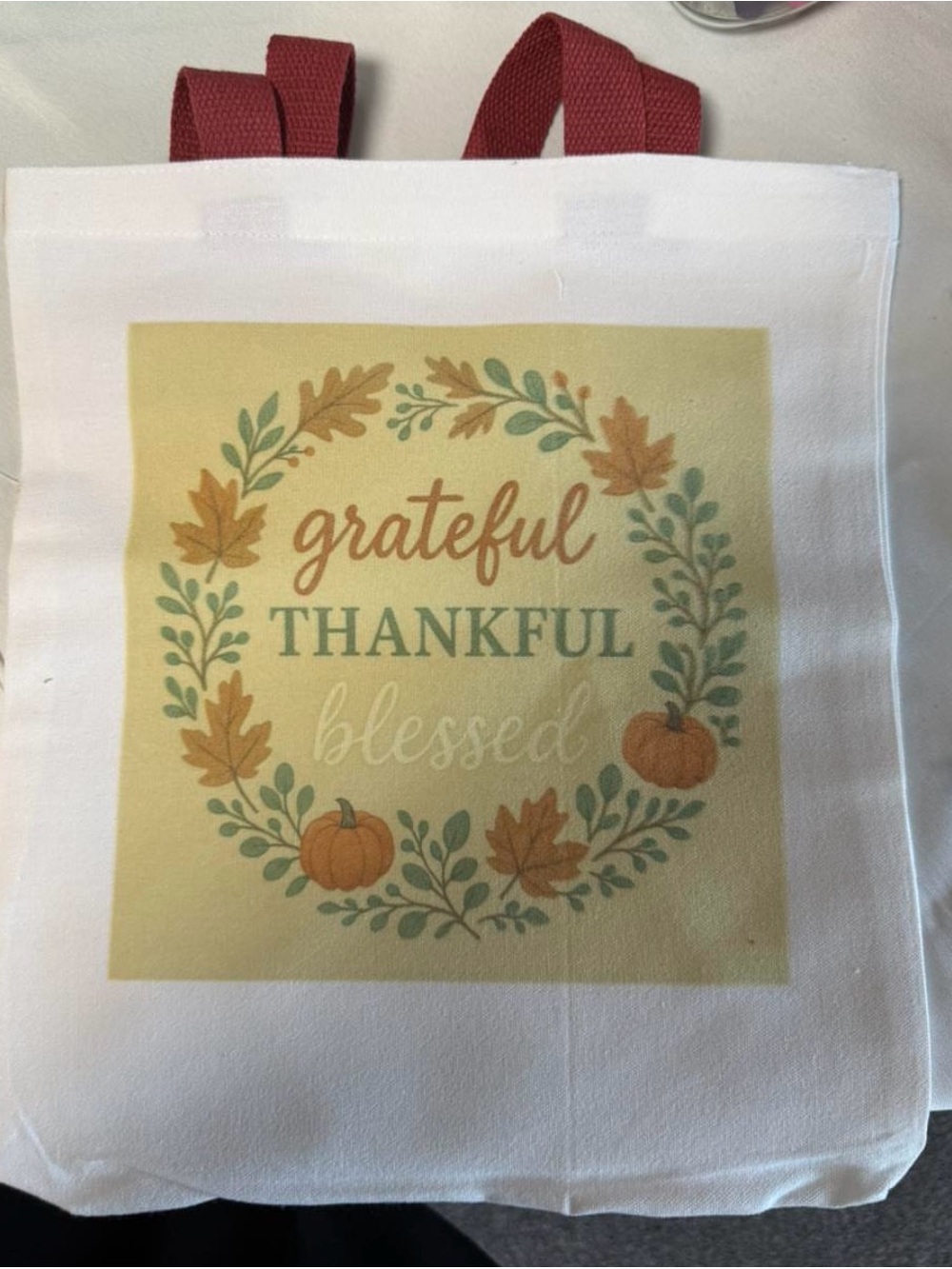 Grateful Thankful Blessed Fall Canvas Tote - White with Rust Handles